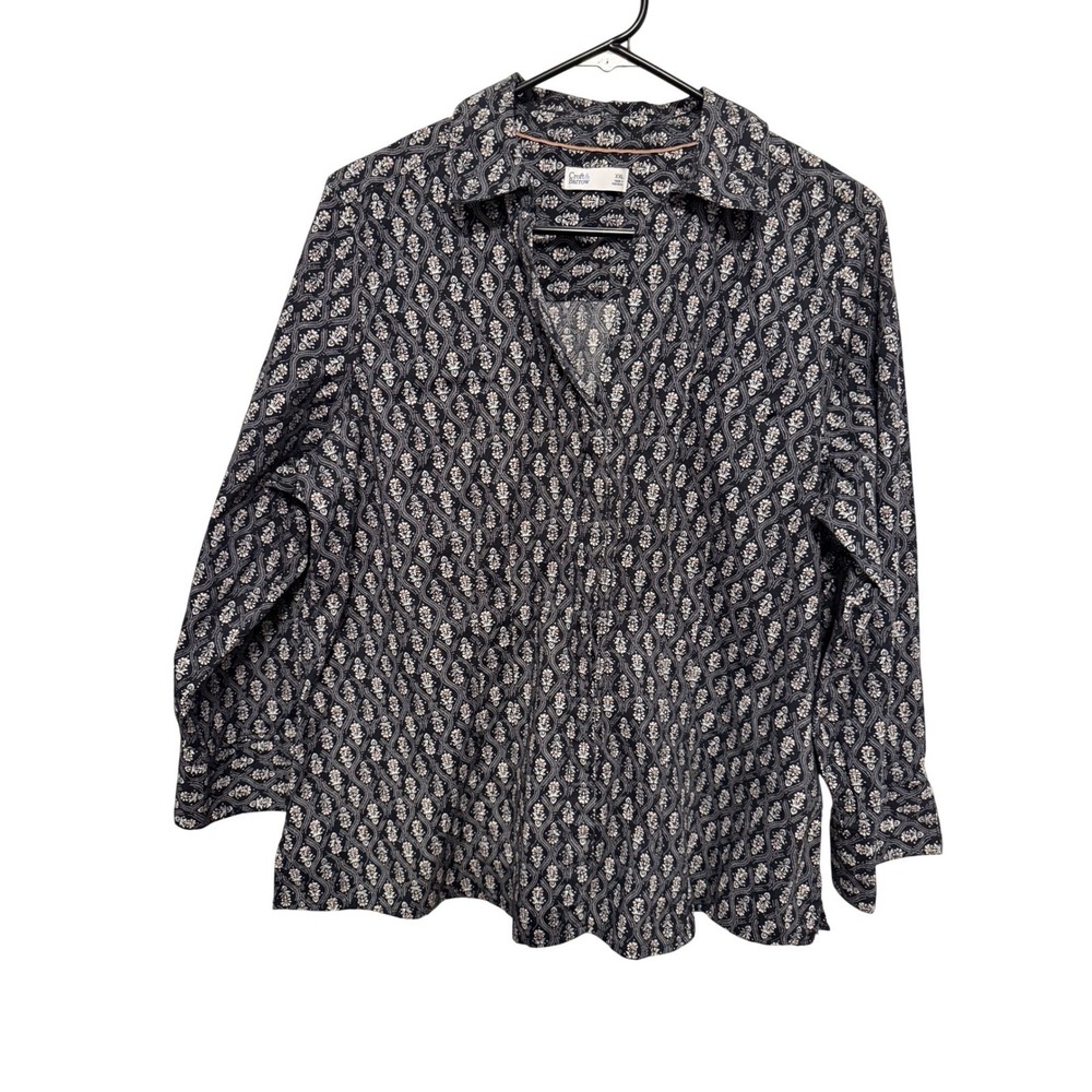 Craft & Barrow Navy Blue White Floral Damask Button Down Shirt Blouse Womens XXL